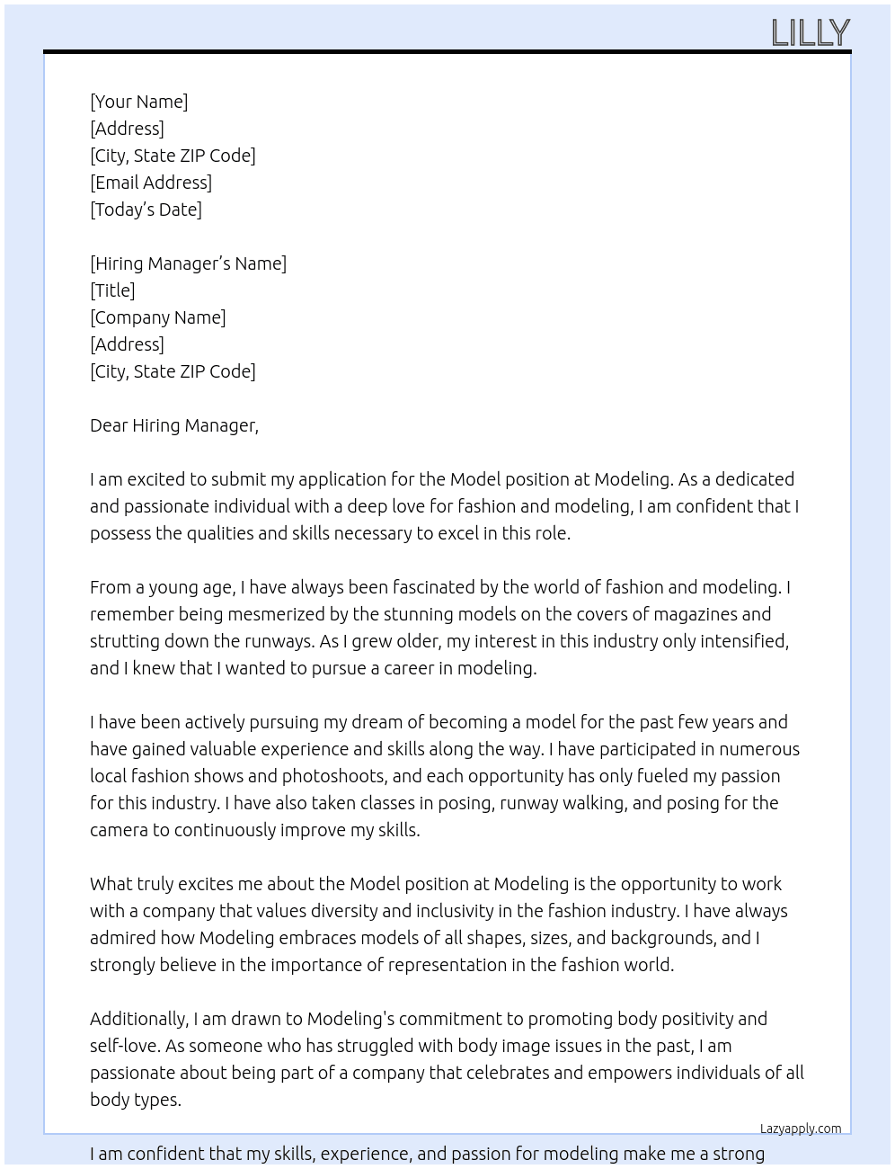 Model  At Modeling  Cover Letter