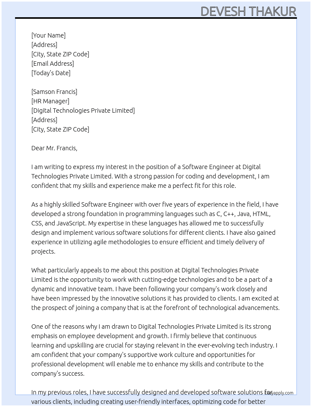 Software engineer  At Digital Technologies Private Limited Cover Letter