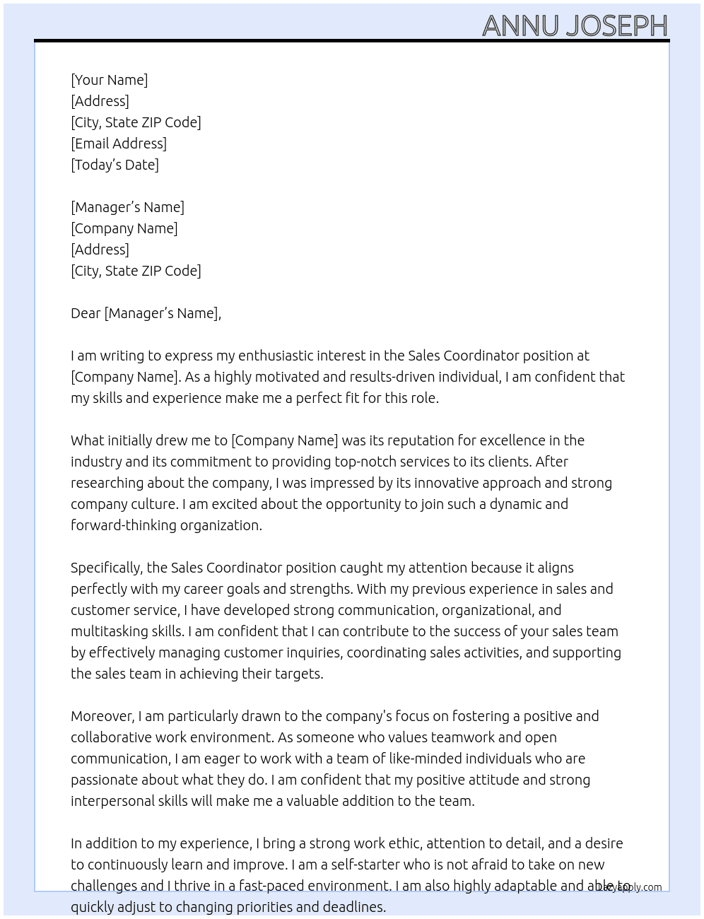 Sales Coordinator At Company name Cover Letter