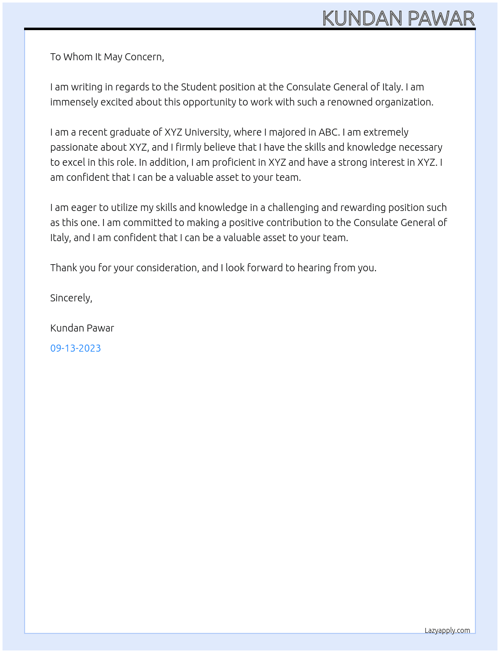 Student  At Masters degree Cover Letter