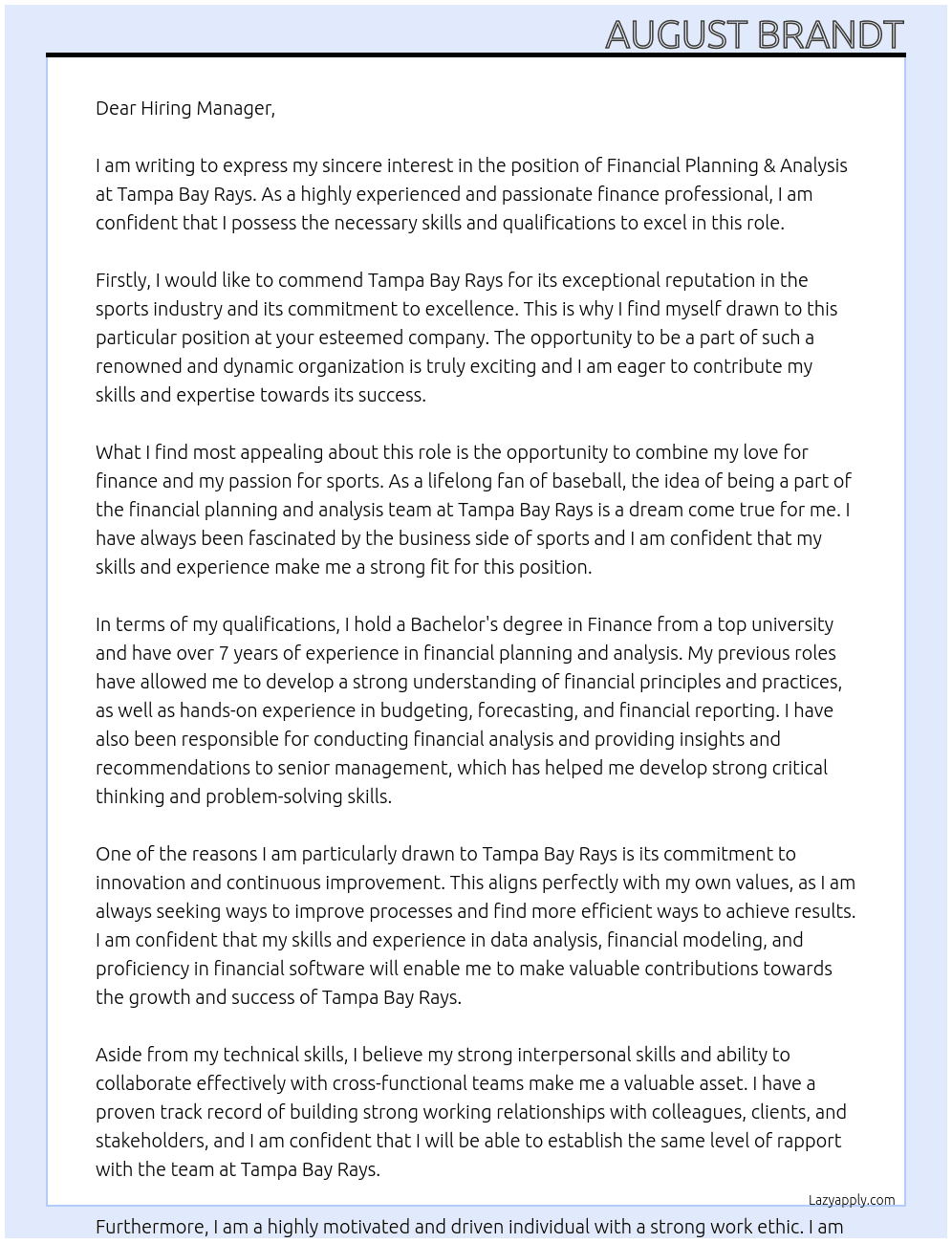 Financial Planning & Analysis At Tampa Bay Rays Cover Letter