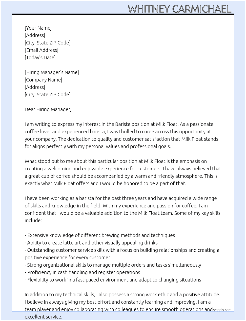 Barista  At Milk float  Cover Letter