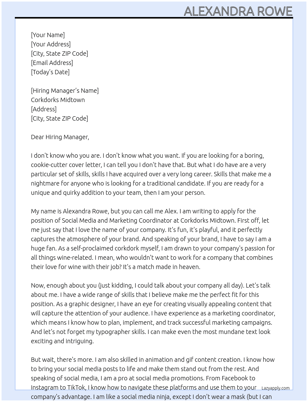 Social Media and Marketing Coordinator  At Corkdorks Midtown  Cover Letter