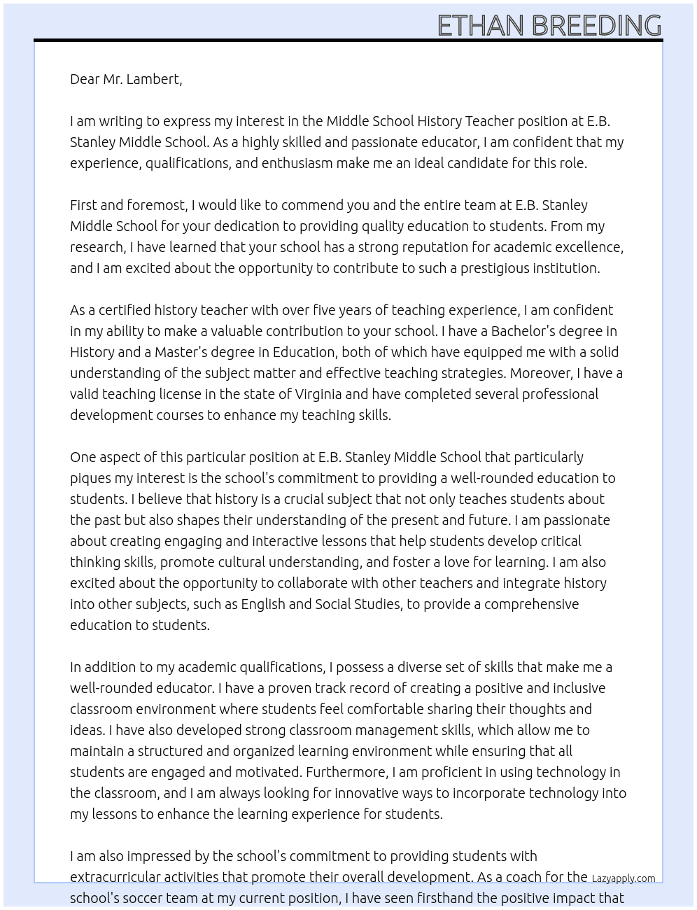 Middle School History Teacher At E.B. Stanley Middle School Cover Letter