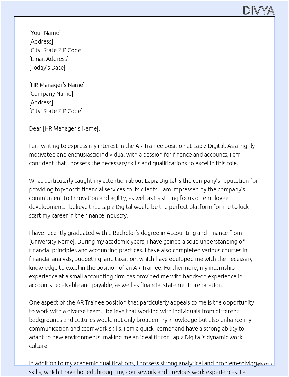 AR Trainee At Lapiz Digital Cover Letter