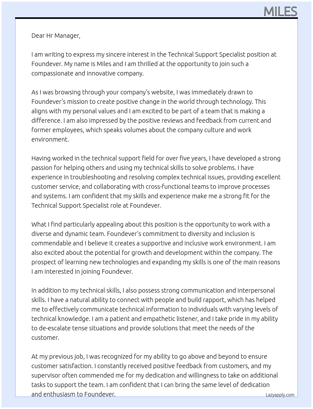Technical Support Specialist At Foundever Cover Letter