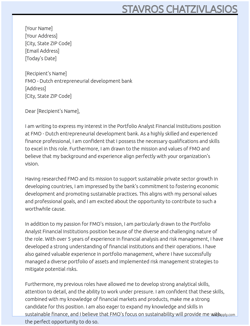 Portfolio Analyst Financial Institutions At FMO - Dutch entrepreneurial development bank Cover Letter