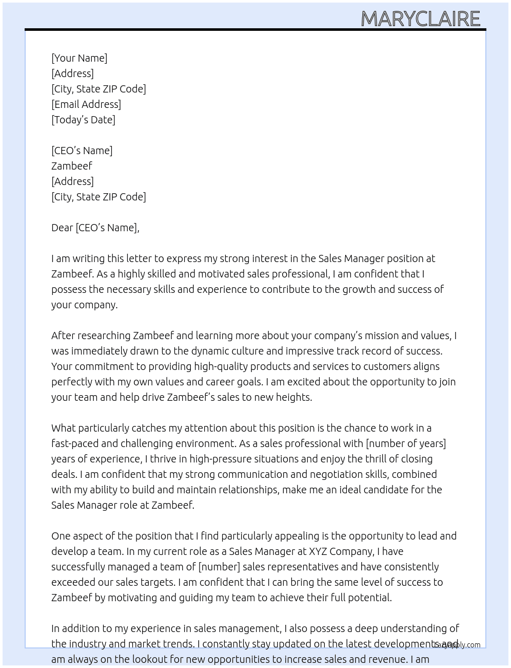 Sales Manager At Zambeef Cover Letter