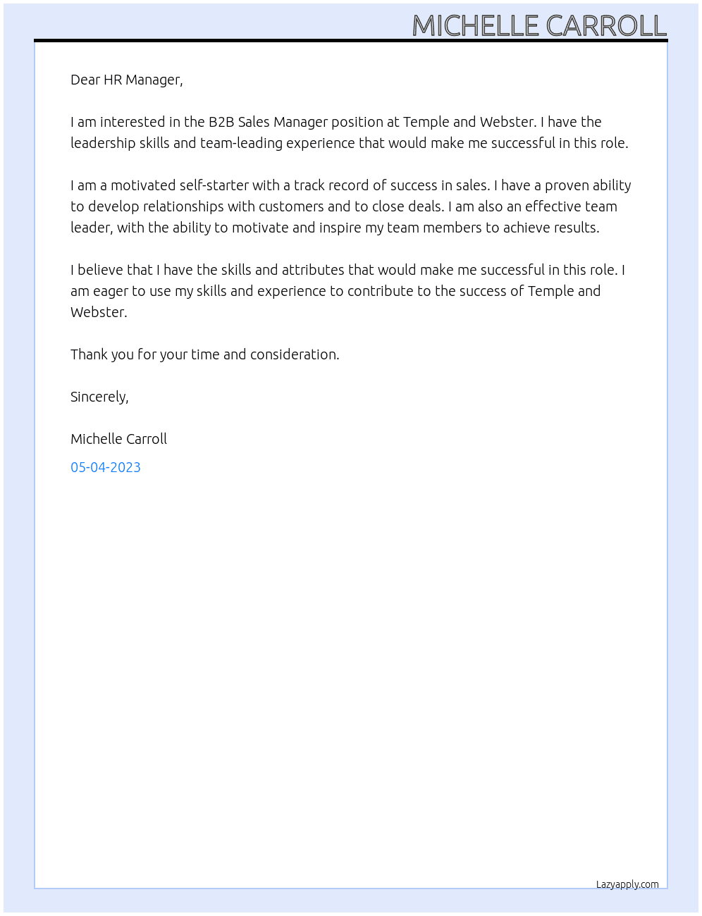 B2B Sales Manager  At Temple and Webster Cover Letter
