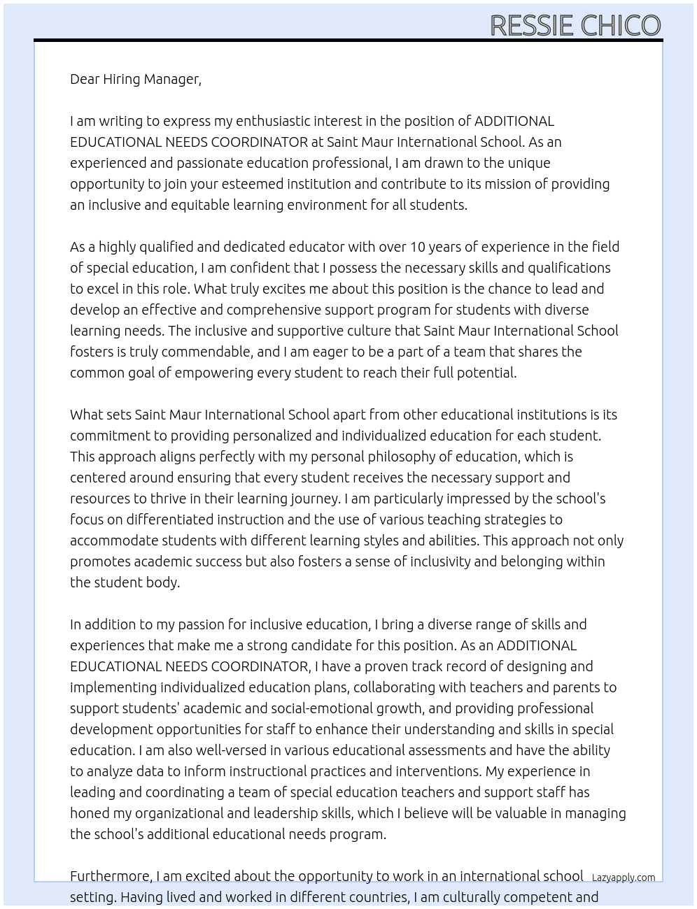 ADDITIONAL EDUCATIONAL NEEDS COORDINATOR At Saint Maur International School Cover Letter