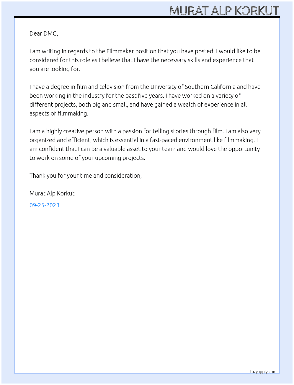Filmmaker At DMG Cover Letter