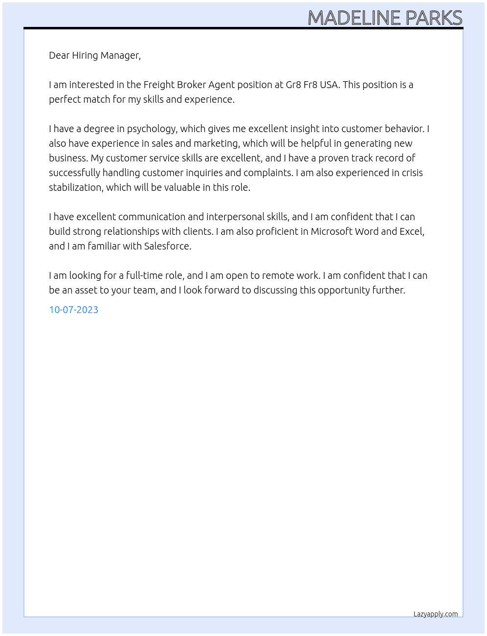 Freight Broker Agent At Gr8 Fr8 USA Cover Letter