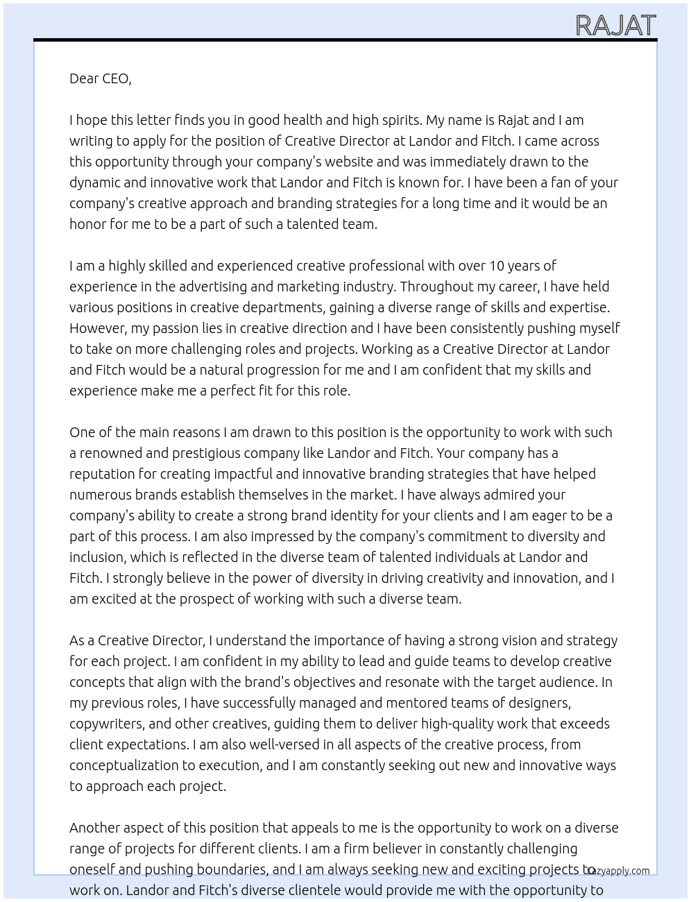 Creative director  At Landor and Fitch  Cover Letter