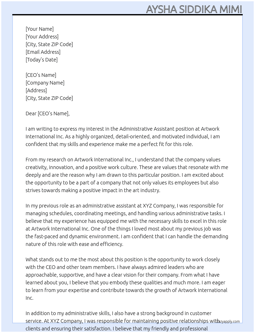 Administrative assistant At artwork international inc Cover Letter