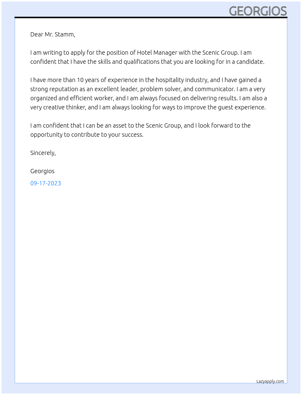 Hotel Manager At Scienc Group Cover Letter