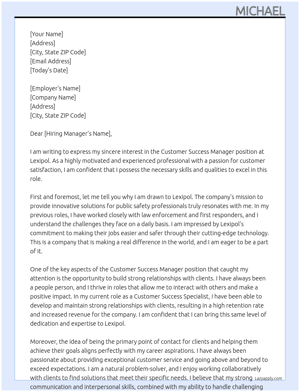 Customer Success Manager At Lexipol Cover Letter