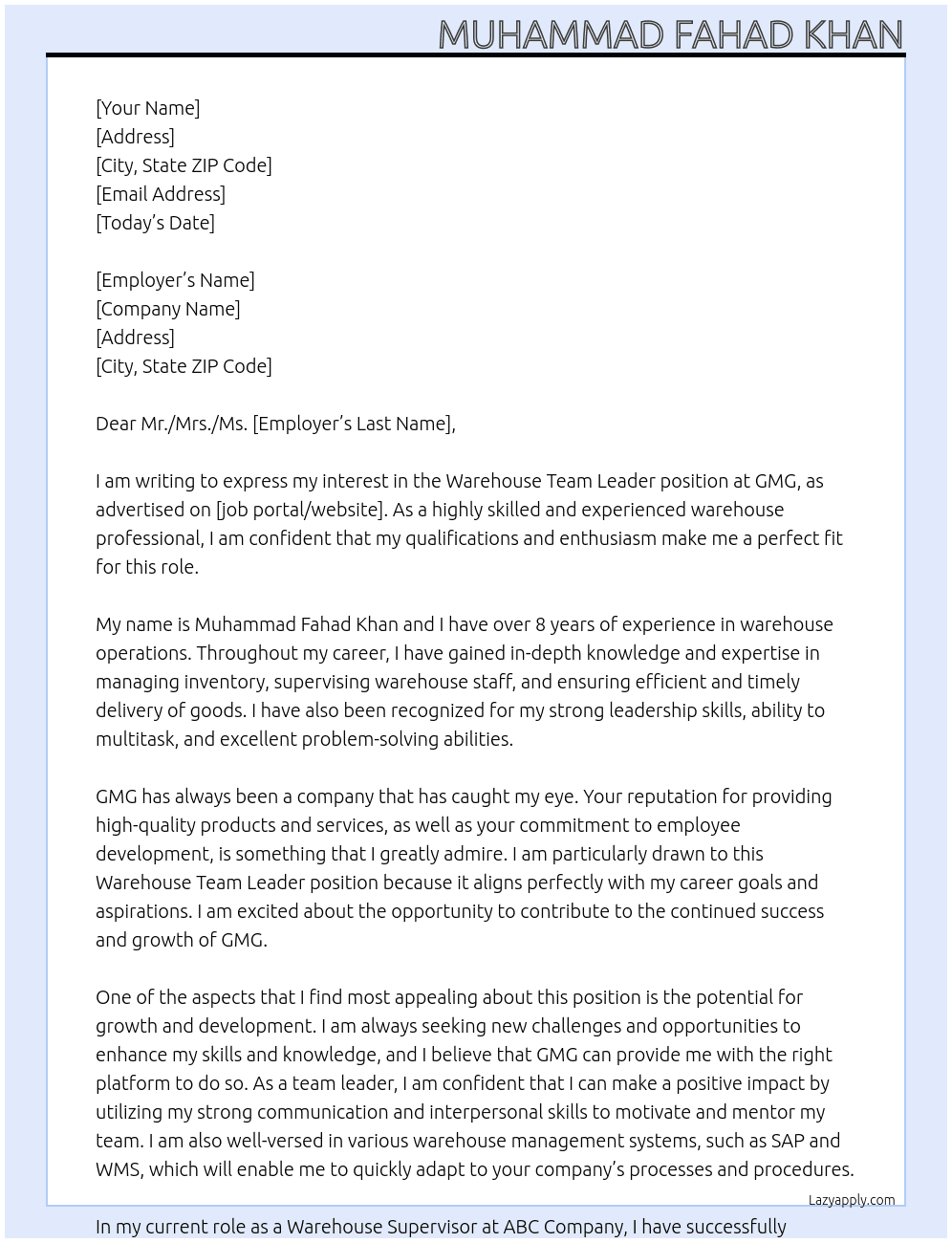 Warehouse Team Leader At GMG Cover Letter