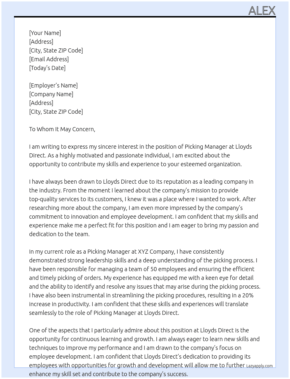 Picking manager At Lloyds Direct Cover Letter