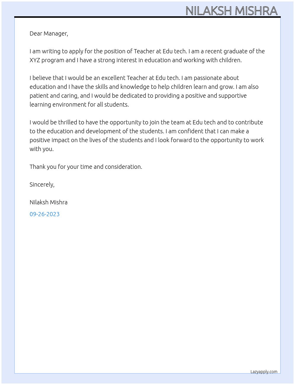 Teacher  At Edu tech Cover Letter