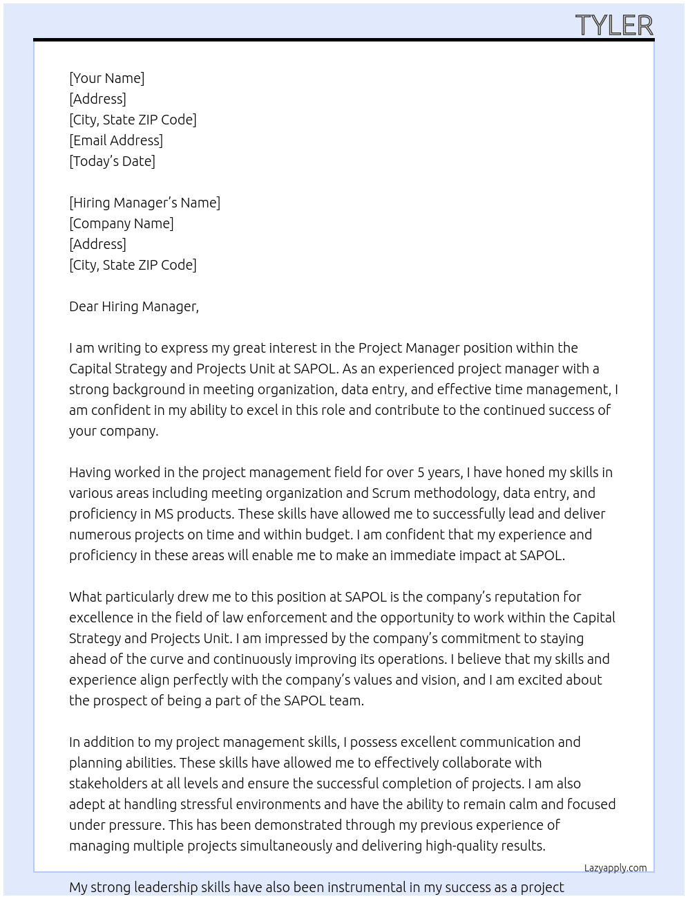 Project Manager, Capital Strategy and Projects Unit At SAPOL Cover Letter
