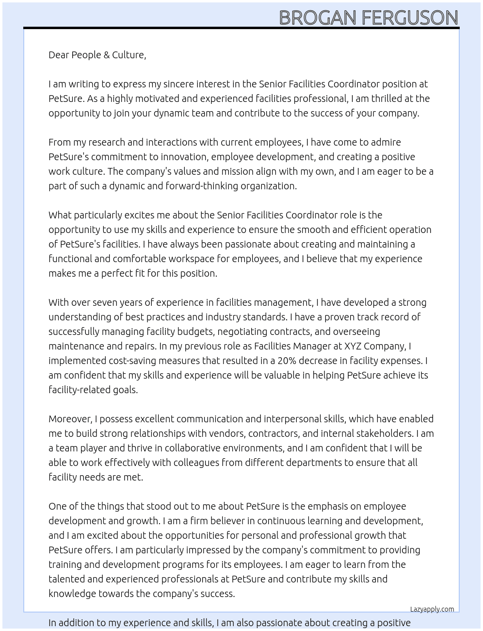 Senior Facilities Coordinator At PetSure Cover Letter