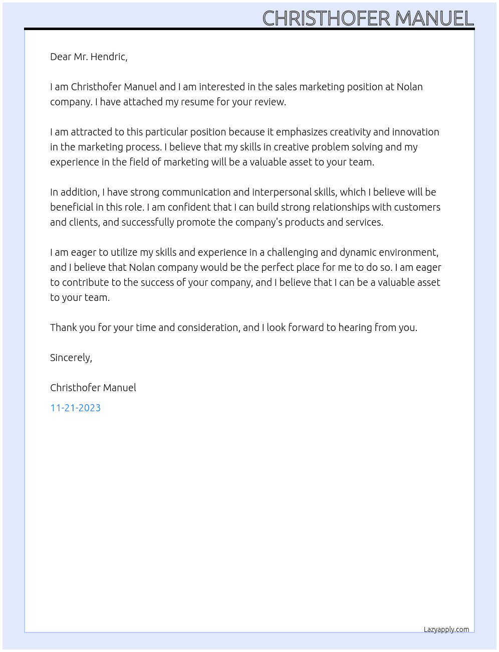 sales marketing At Nolan company  Cover Letter
