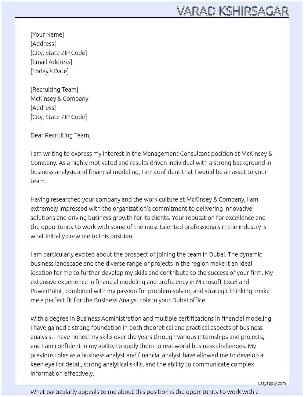 Management consultant  At McKinsey & Company Cover Letter