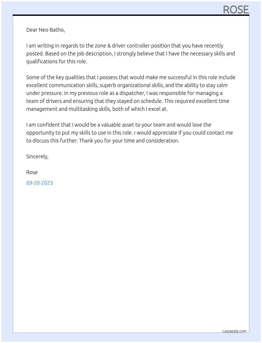 zone & driver controller At Neo Batho Cover Letter