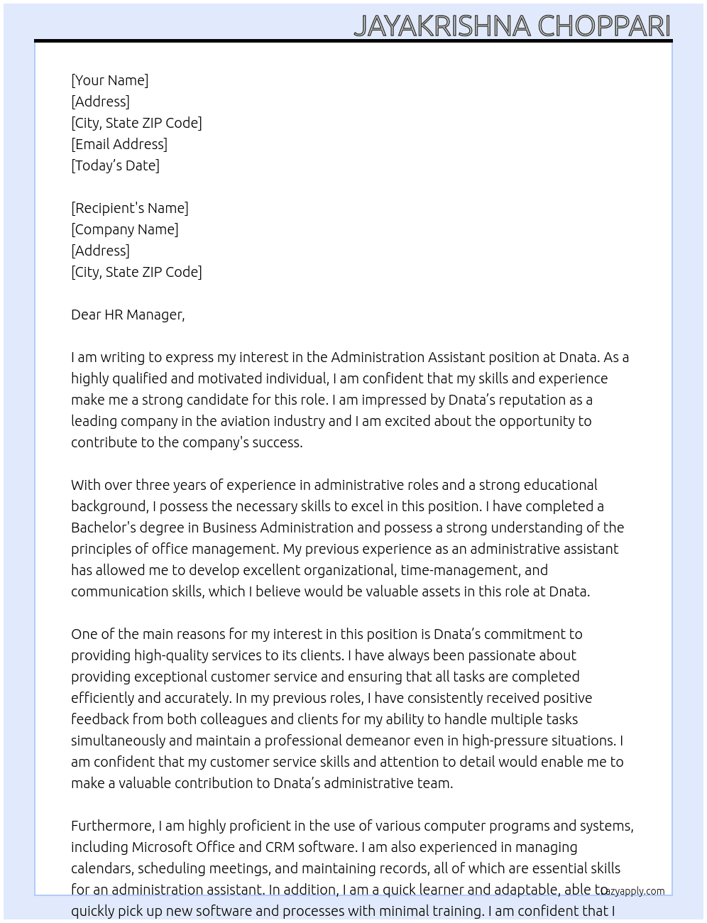 Cover letter for administraion assistant - LazyApply