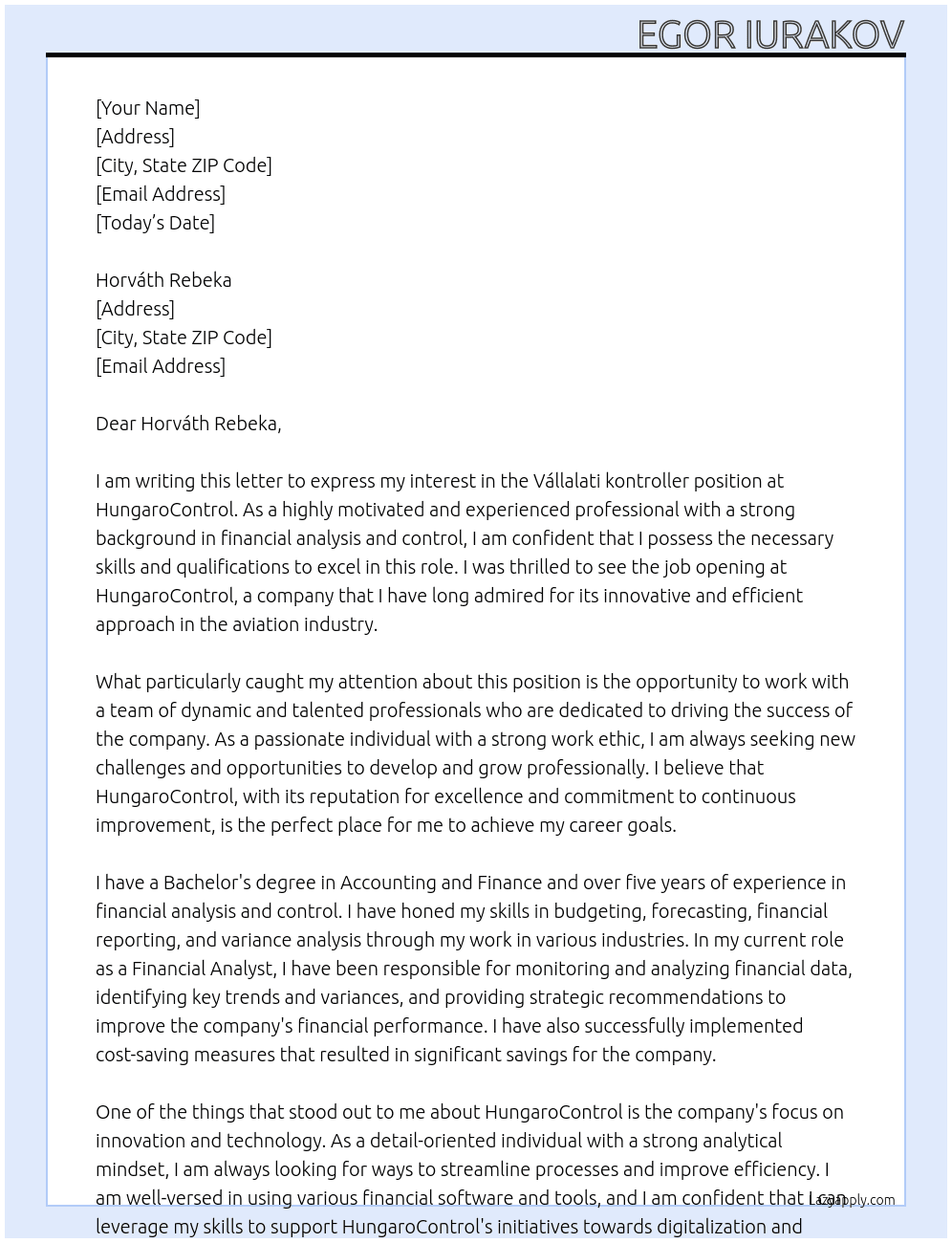 Vállalati kontroller At HungaroControl Cover Letter