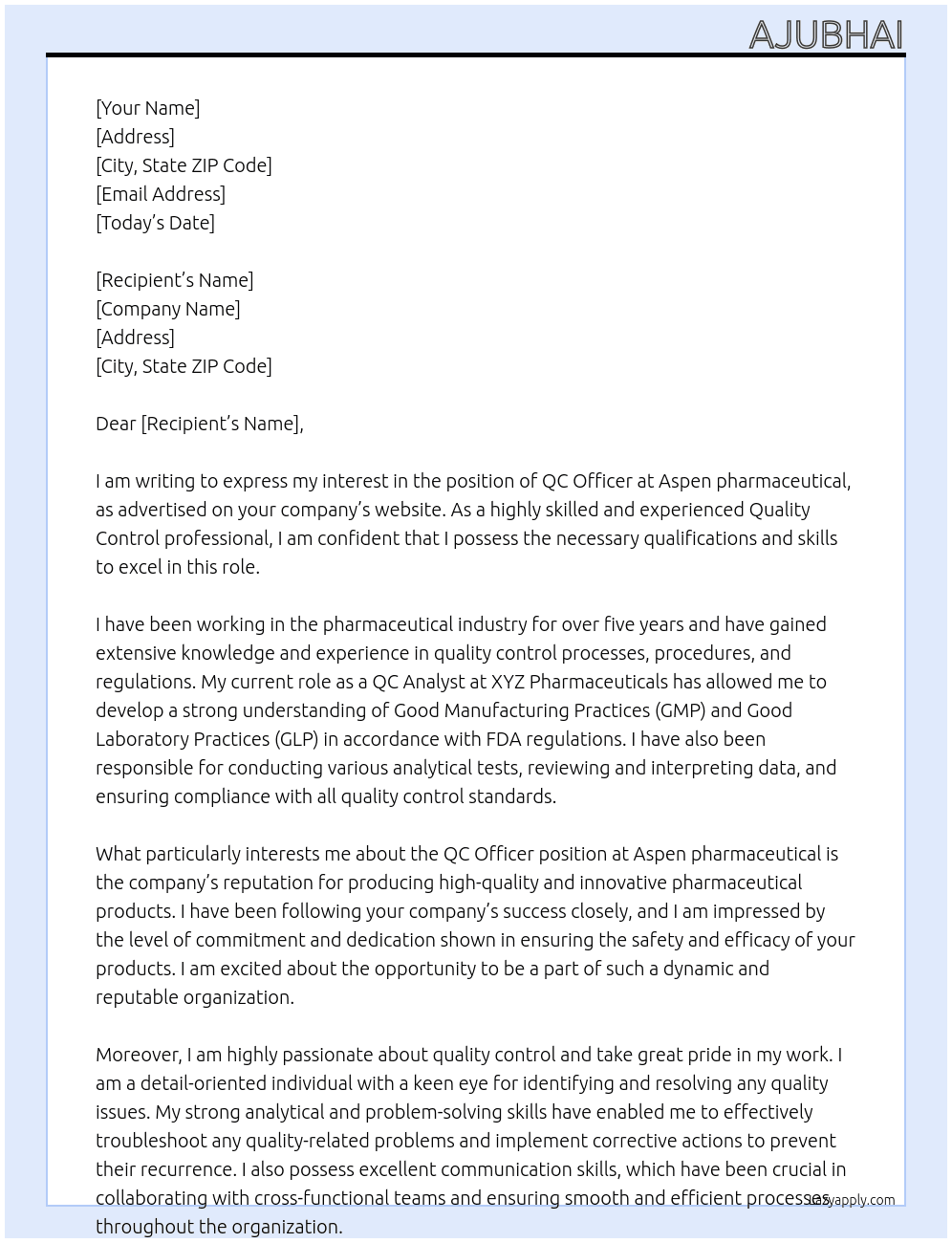 QC Officer At Aspen pharmaceutical Cover Letter