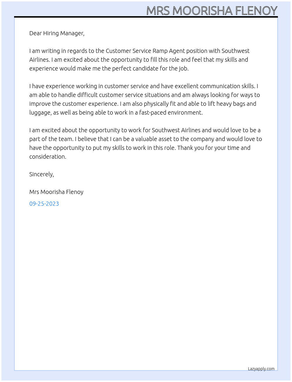 customer service ramp agent At southwest airlines Cover Letter