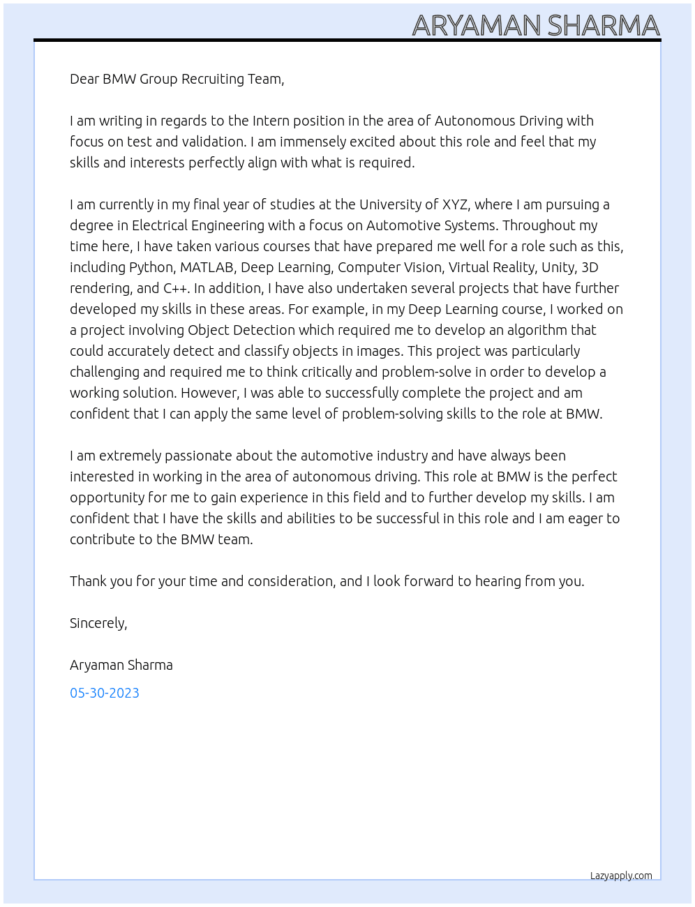 Intern in the area of Autonomous Driving with focus on test and validation At BMW Group Cover Letter