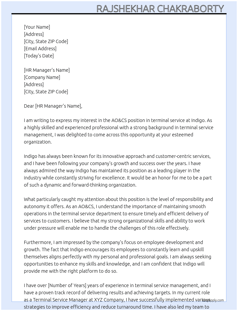 Cover letter for ao&cs in terminal service - LazyApply