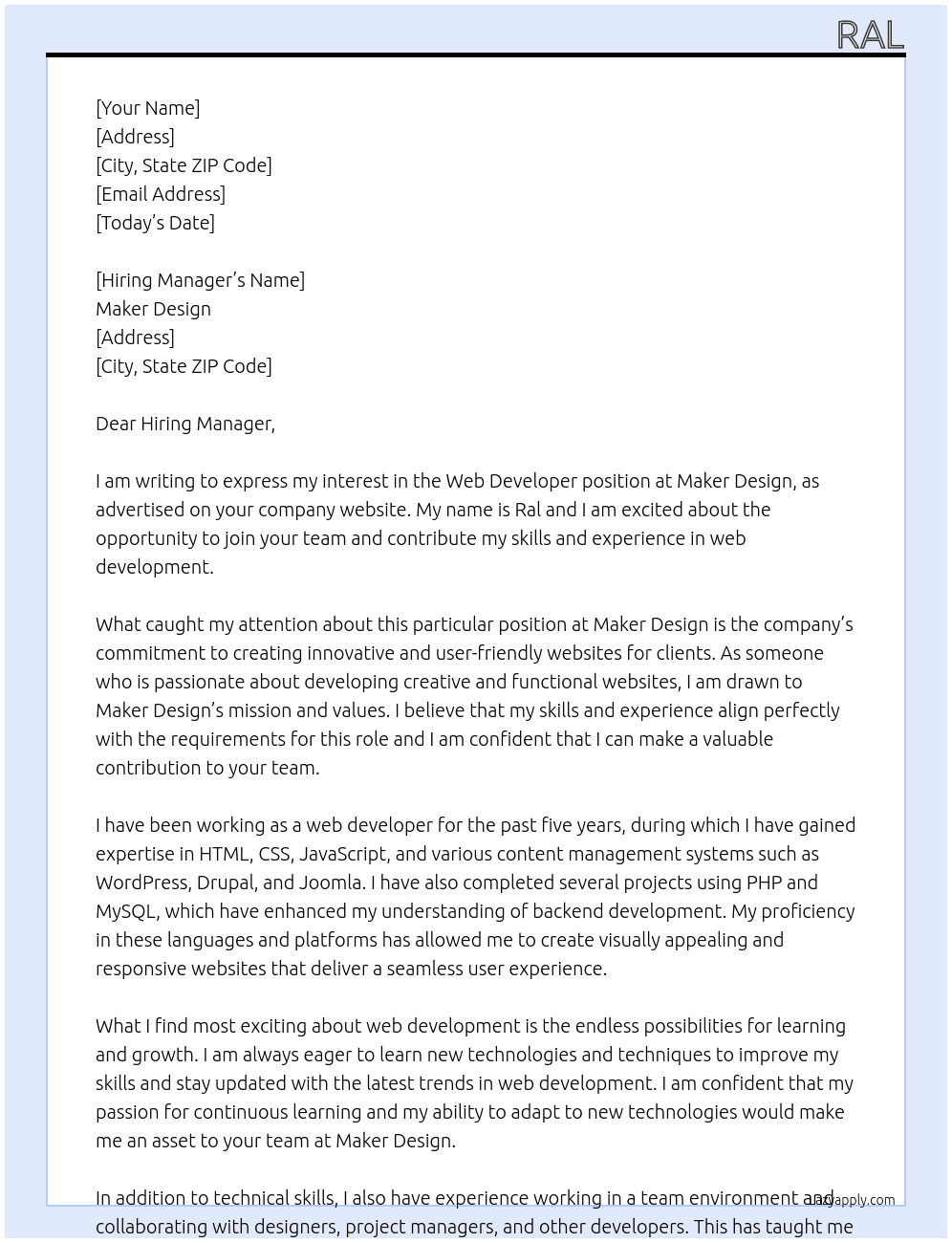Web Developer At Maker Design Cover Letter