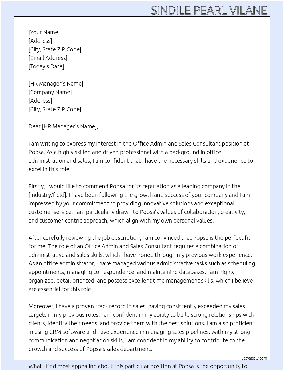 Office Admin and Sales  Consultant  At Popsa Cover Letter