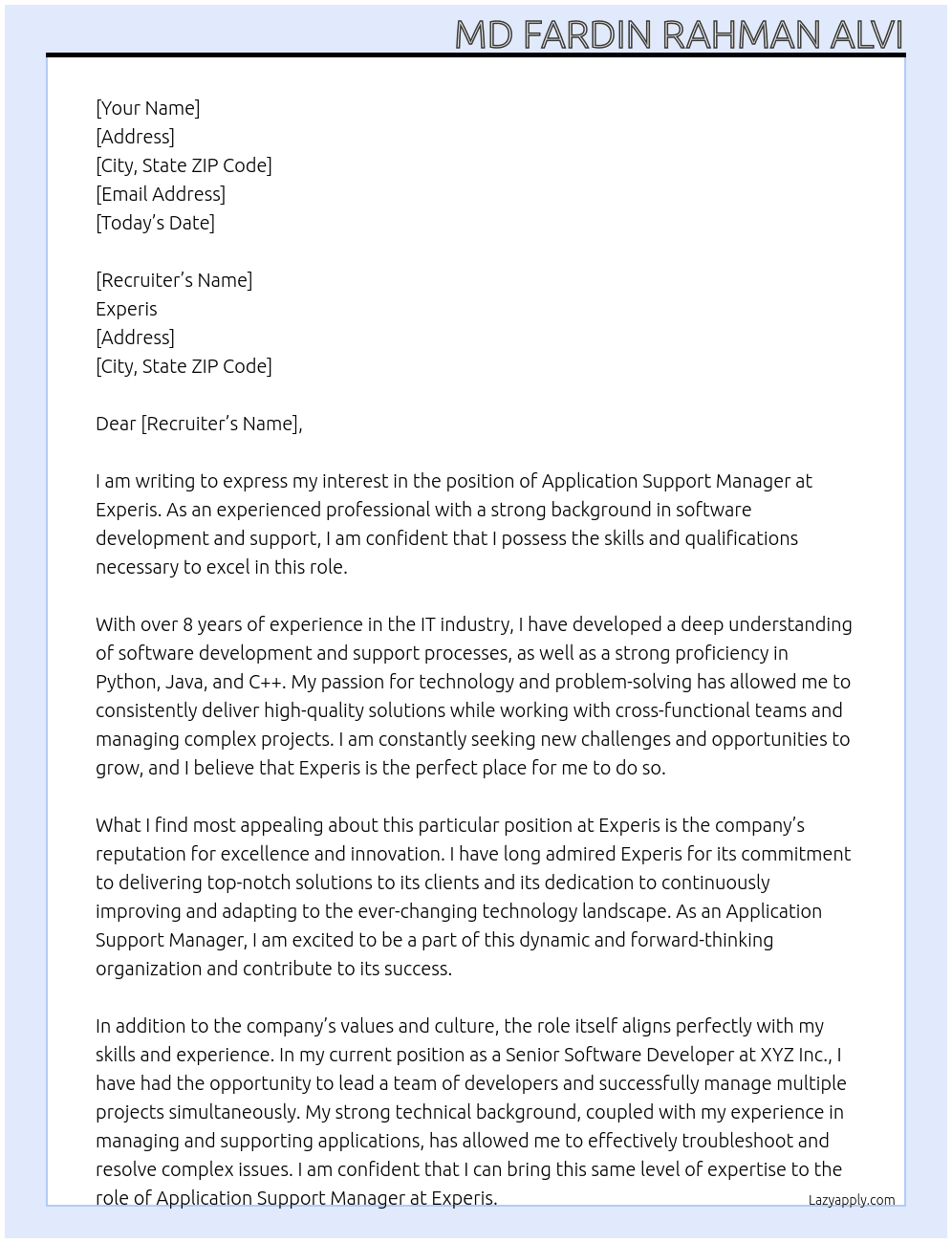 Application Support Manager At Experis Cover Letter