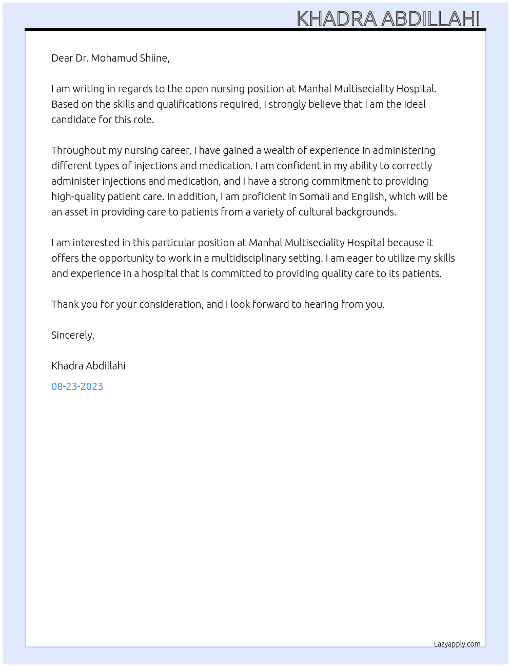 Nursing  At Manhal multiseciality hospital  Cover Letter