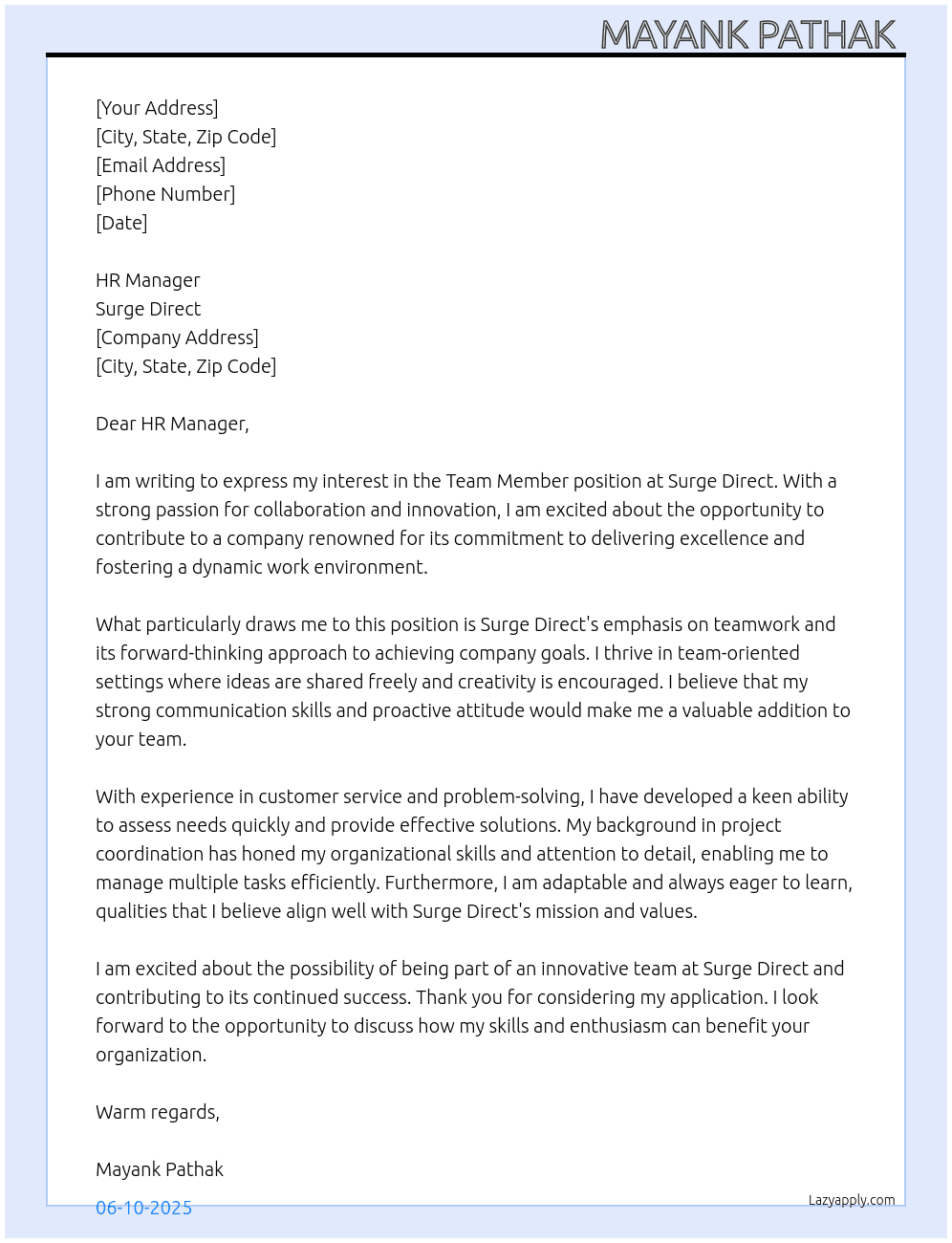 Team member  At Surge direct  Cover Letter