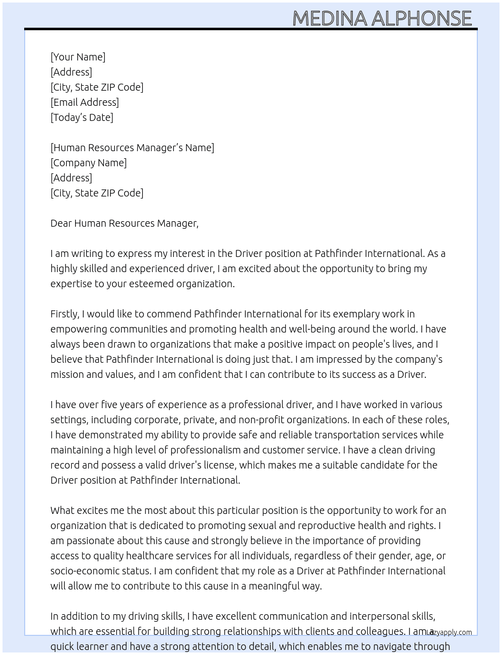 Cover letter for friver - LazyApply