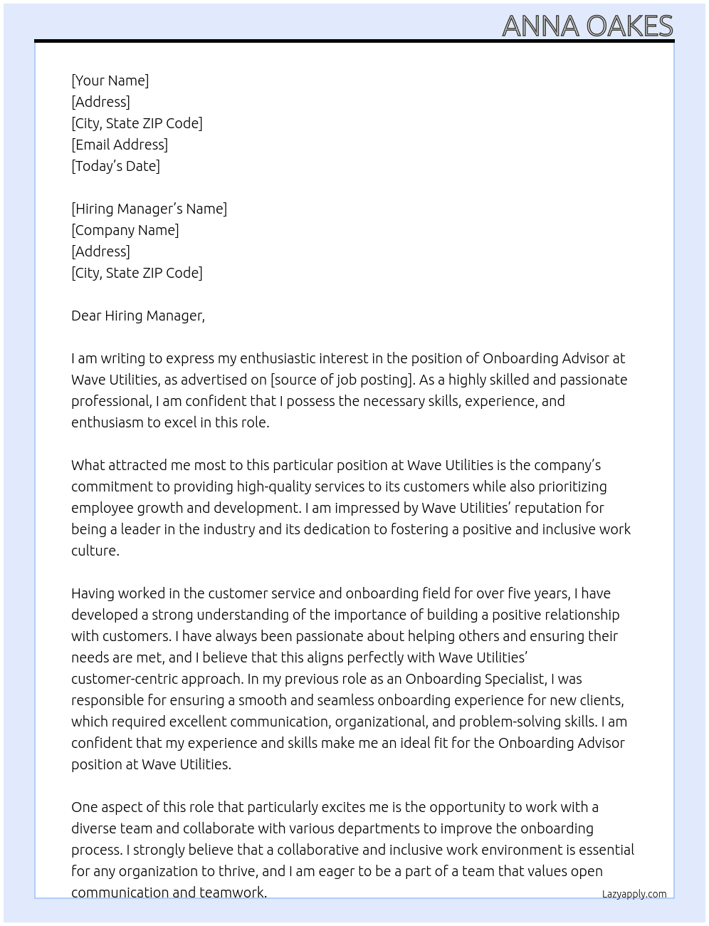 Onboarding Advisor  At Wave Utilities  Cover Letter