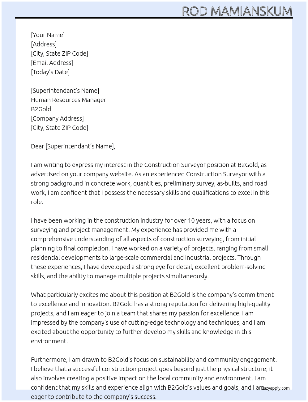 Cover letter for construction surveyor - LazyApply