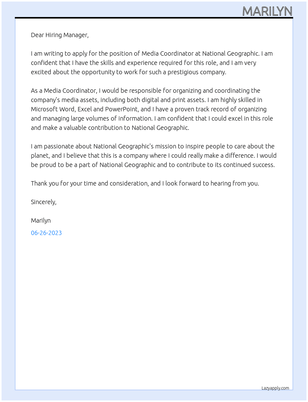 Media Coordinator  At National Geographic Cover Letter