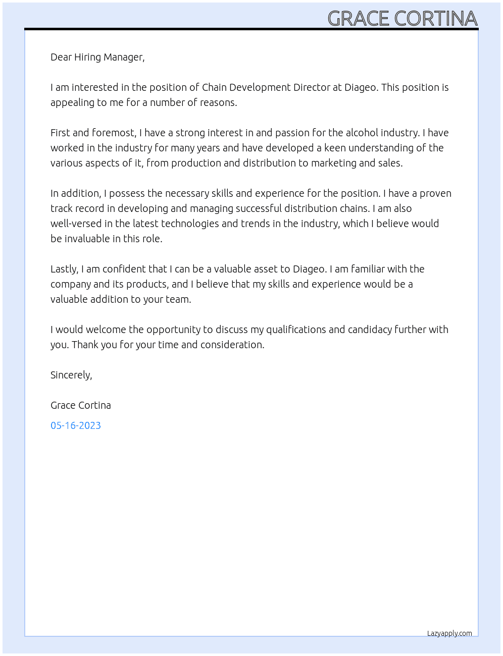 chain devvelopment director At diageo Cover Letter