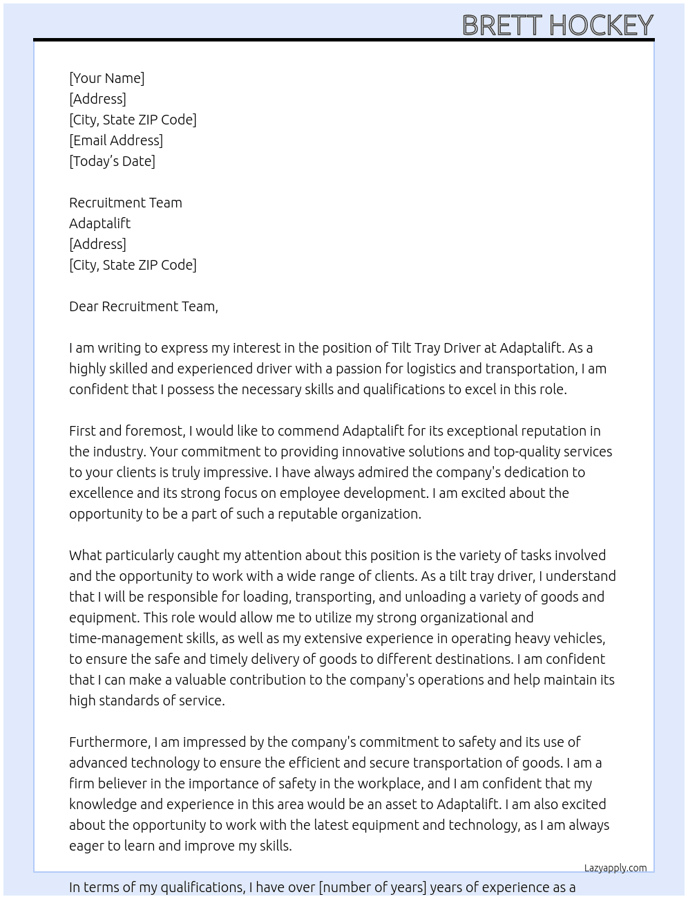 Tilt Tray Driver At Adaptalift Cover Letter