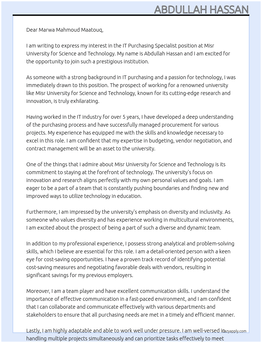 IT Purchasing Specialist At Misr University for Science and Technology Cover Letter