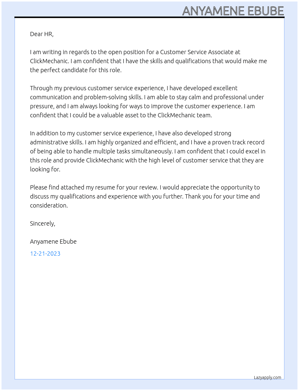 CUSTOMER SERVICE ASSOCIATE At CLICKMECHANIC Cover Letter
