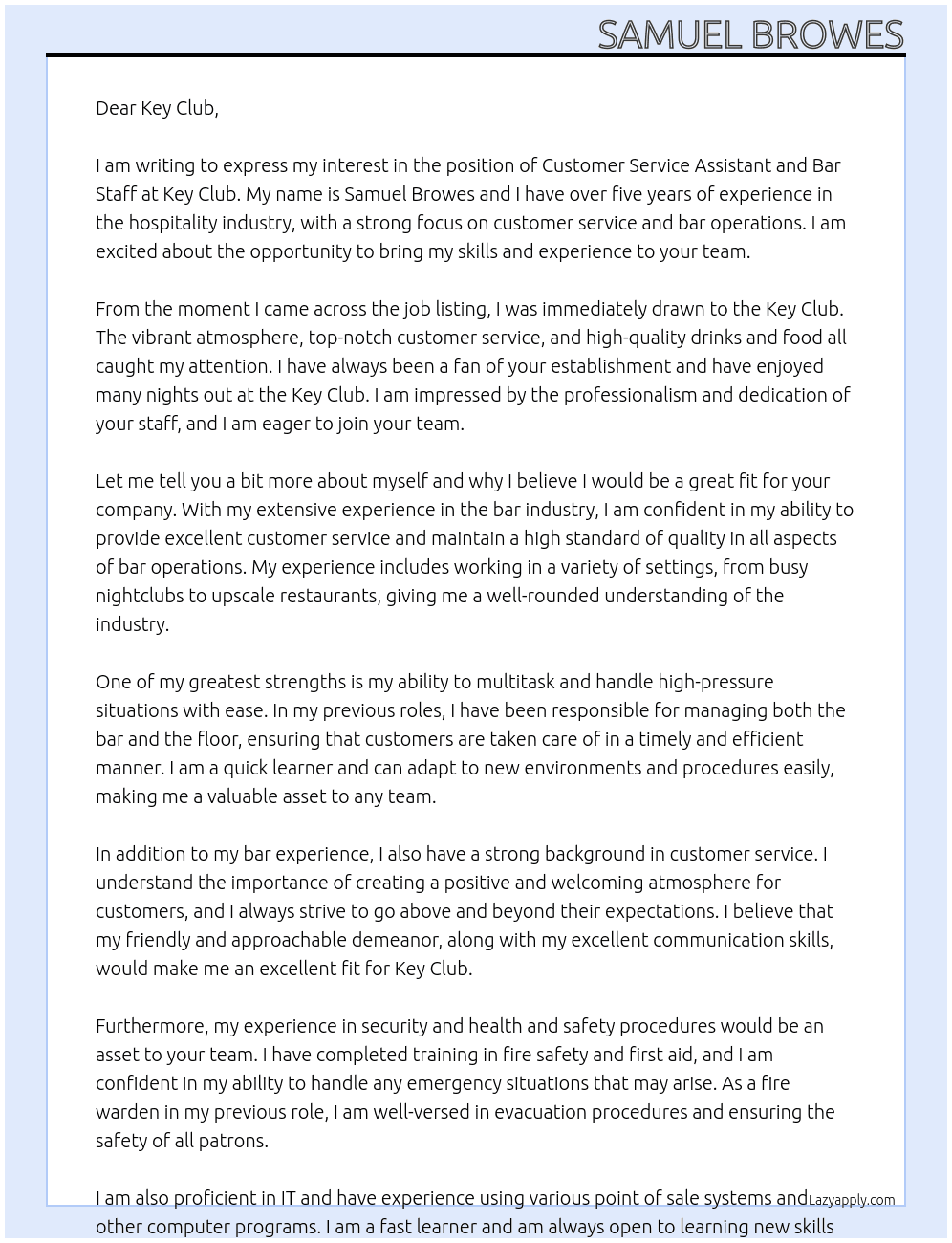 Customer service Assistant, Bar staff At Key Club Cover Letter