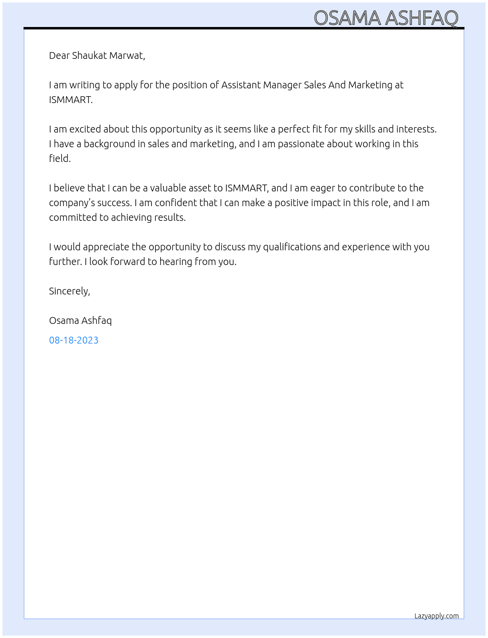 Assistant Manager Sales And Marketing  At ISMMART  Cover Letter