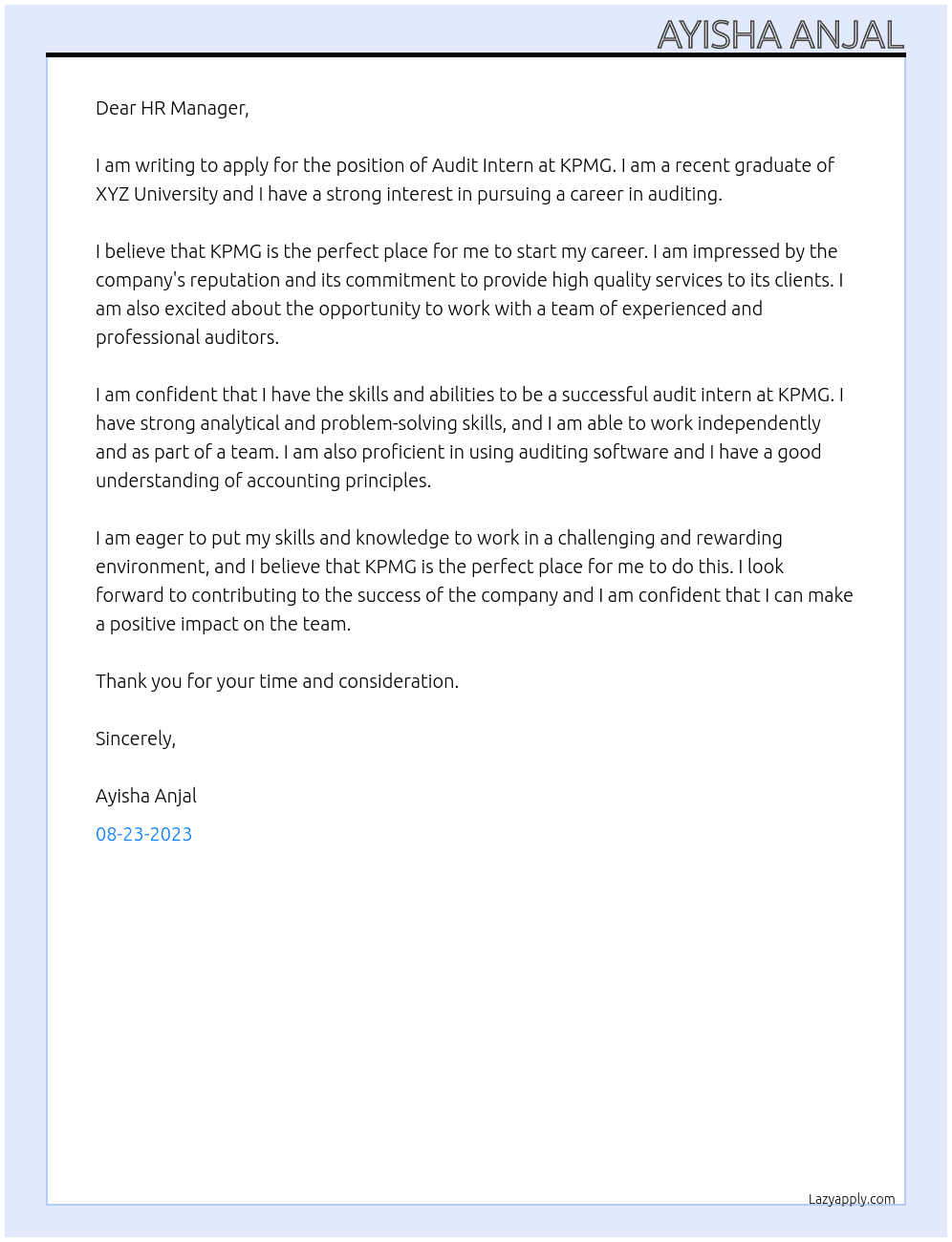 audit intern At kpmg Cover Letter